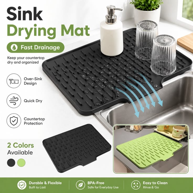 Silicone Quick Dry Drain Mat – Non-Slip Sink & Counter Pad.